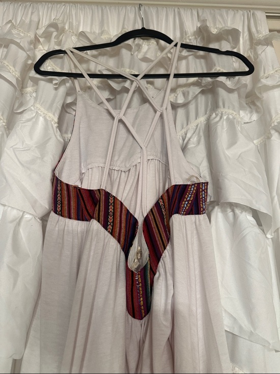 entro White Tank Top with Multicolor Striped Yoke and Turquoise Pom Trim - Picture 4 of 4